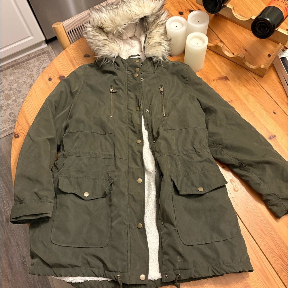 Olive Green Puffer Jacket with Faux Fur Hood